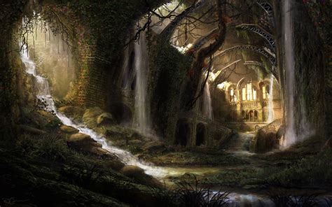 #1102219 sunlight, forest, waterfall, fantasy art, night, abandoned ...