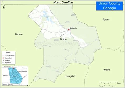 Map of Union County, Georgia showing cities, highways & important ...