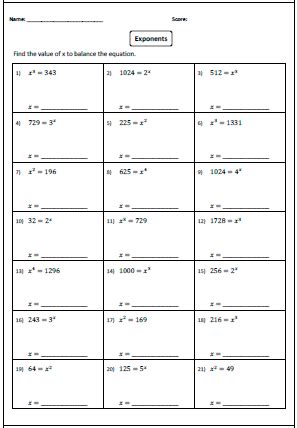 Exponents Worksheets