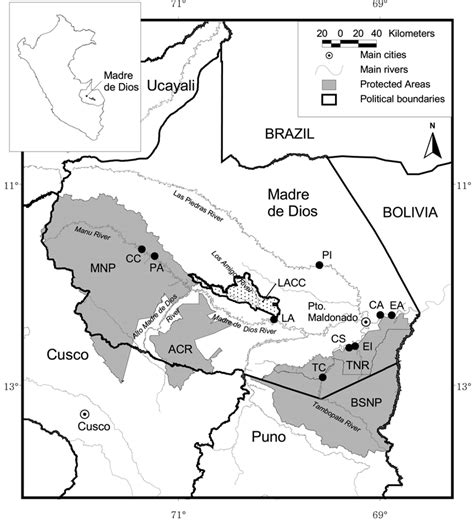 Map of Madre de Dios region depicting the natural protected areas ...