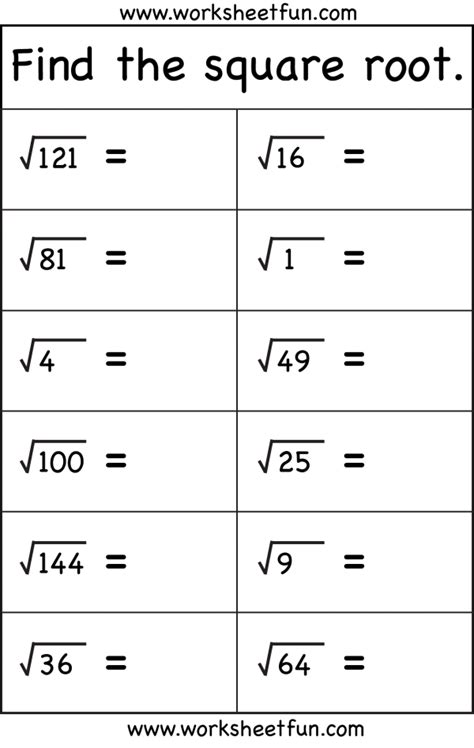 Square Root Worksheets Square Worksheet Roots Grade Math Fra