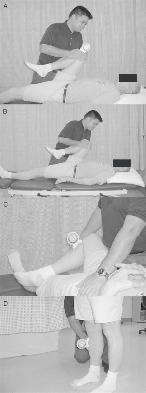 (A) Hip flexion test, (B) hip scour test, (C) FABER test, (D ...