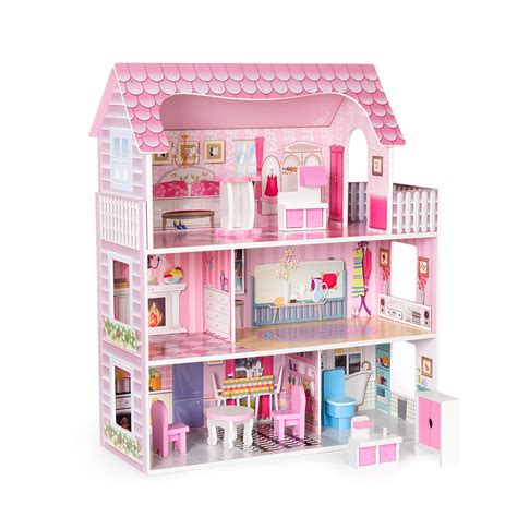 Buy ROBUD Wooden Dollhouse with Furniture, Pretend Play Doll House Toys ...