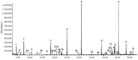 Gas chromatography mass spectrometry (GC-MS) total ion current profile ...