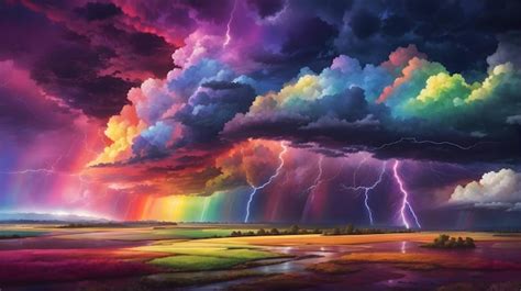 Premium AI Image | Rainbow storm clouds over a landscape Thunder and ...