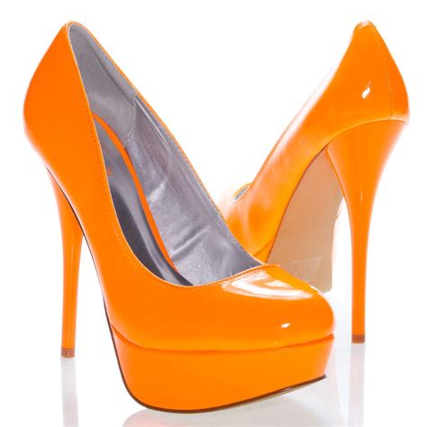 Qupid Neon Orange Shiny Patent Leather Platform High Heel Stilettos Pump