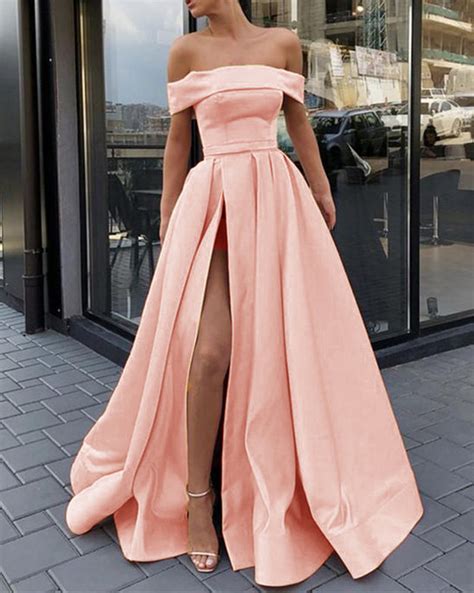 Elegant A Line Satin Peach Color Long Prom Dress Off The Shoulder Slit ...