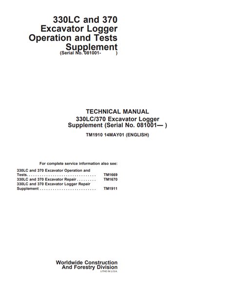 John Deere Excavator Logger 330LC, 370 Operation And Test Manual