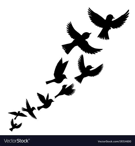 Bird flock, vector flying birds silhouettes, hand drawn songbirds ...