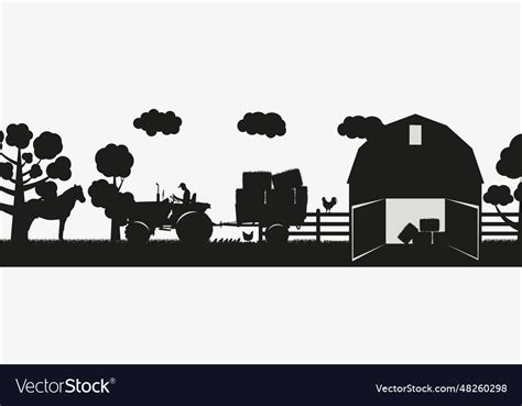 Farm silhouettes rural landscape panorama Vector Image