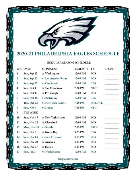 Printable 2020-2021 Philadelphia Eagles Schedule