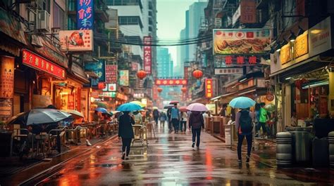 Premium Photo | A rainy street in hong kong with people walking in the ...