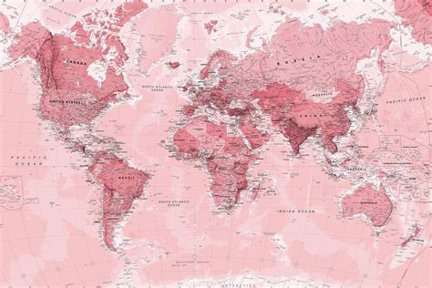 a pink world map is shown with the names of countries and major cities ...