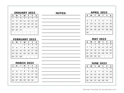 6 Months Per Page Calendar Template 2023 - Free Printable Templates