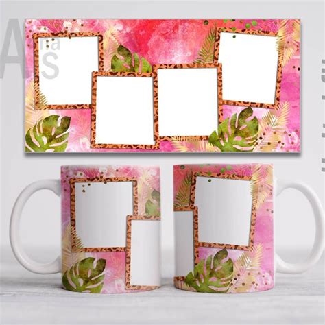 Pink mug template for 4 photo. Coffee mug design with leaves. Png file ...