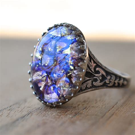 Purple Opal Ring Vintage Glass Opal in Silver by ElvesGarden