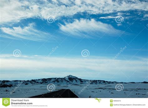 Lonely Black Road, Snow, Blue Sky, Iceland Stock Photo - Image of ...