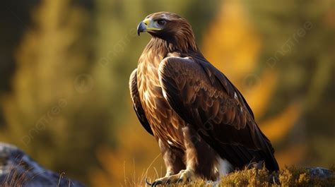 Golden Eagle Sitting On A Stone On A Branch Background, Picture Of The ...