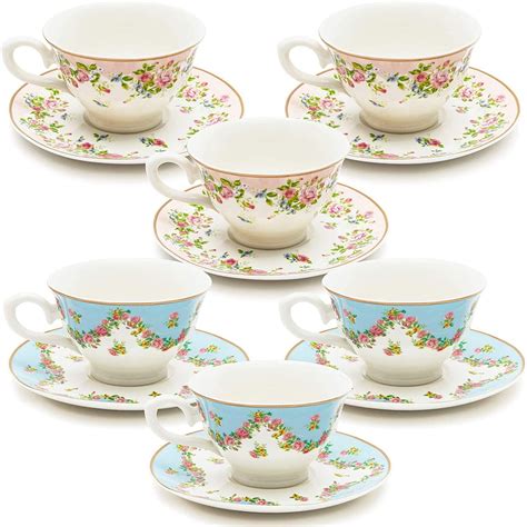 Floral 8 oz Tea Cups and Saucers Set of 12 for Tea Party Supplies ...