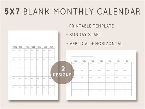 5x7 Calendar, Blank Calendar Template, Undated Monthly Calendar ...