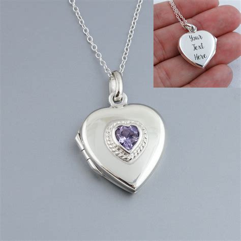 Engraved Heart Locket Necklace With Glass Purple Heart 925 Sterling ...