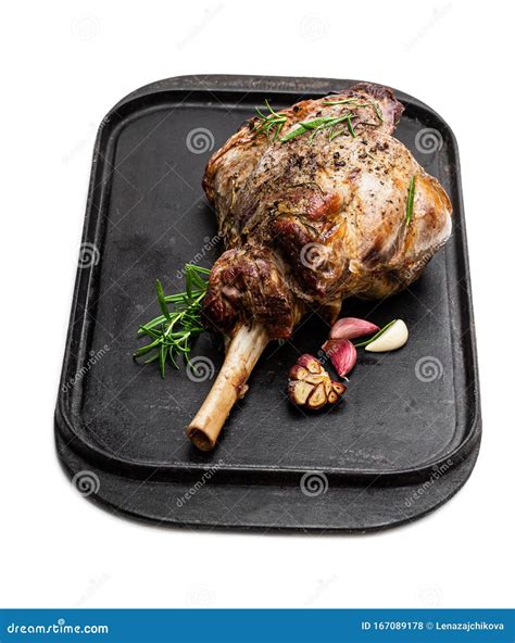 Whole Roast Lamb Leg on Grill Tray Isolated on White Stock Photo ...