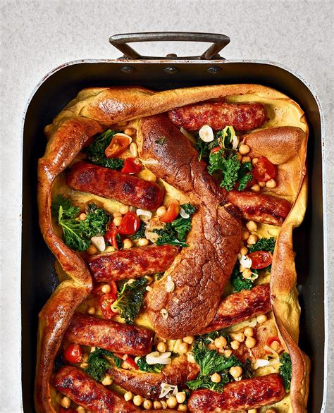 Chorizo toad in the hole with kale and chickpeas