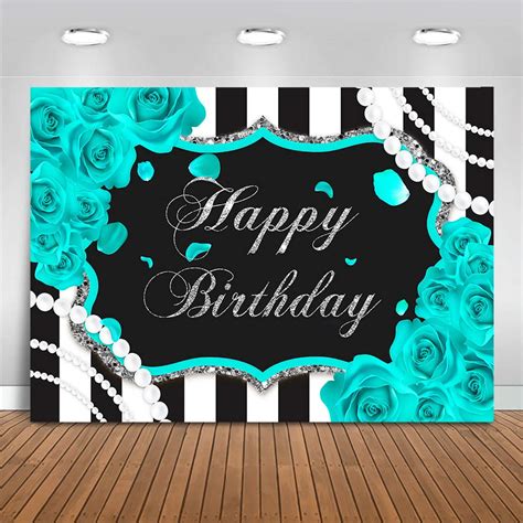 Buy Moca Silver Turquoise Floral Birthday Backdrop for Girl 7x5ft Black ...