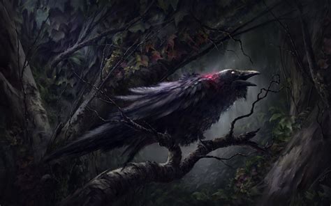 Download wallpapers Raven, forest, darkness, artwork, black bird for ...