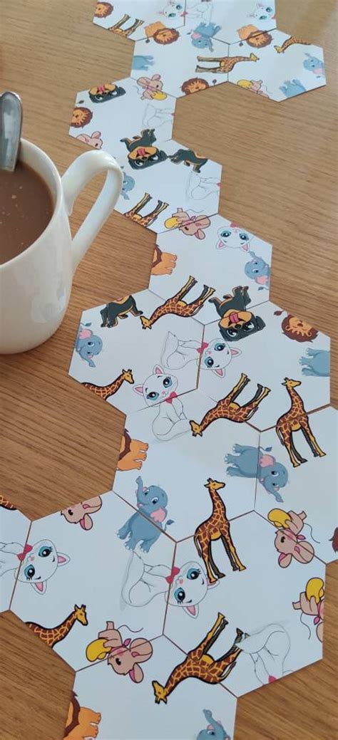 Printable Hexagon 19 Tile Puzzle Game With Cute Animals: Dog, Cat ...