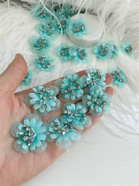 5pcs Aqua 3d Flowers Applique Heavy Bead Petals With - Etsy