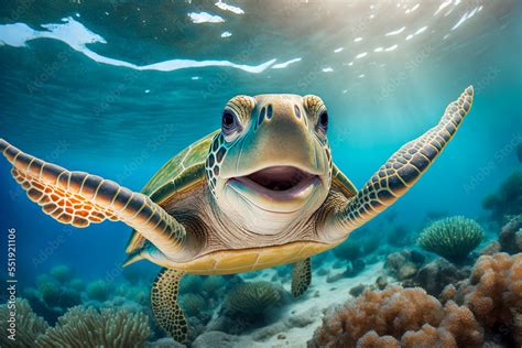 Portrait of a happy sea turtle swimming underwater. Generative AI ...