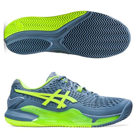 Asics Gel Resolution 9 Clay steel blue hazard green Padel shoes ...