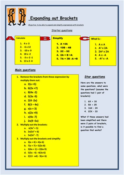 Expanding Brackets Worksheet | Teaching Resources