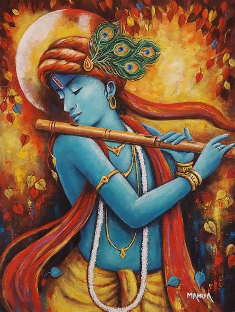 Krishna Playing his Flute Painting by Mahua Pal | Saatchi Art