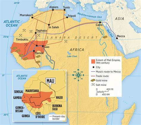 The 1324-25 pilgrimage route of Mansa Musa, ruler of the Mali Empire ...