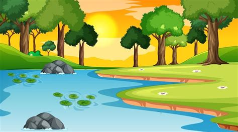 Free Vector | Landscape scene of forest with river and many trees