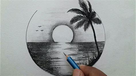 Easy Sunset Pencil Sketch - Very easy sunset scenery drawing step by ...