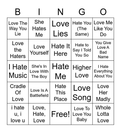 Songs With Love Or Hate In The Title Bingo Card