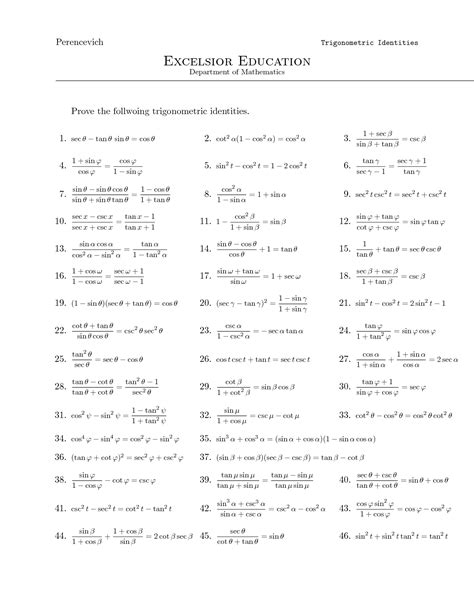 Formula Sheet Trigonometric Identities Worksheet Pdf – Thekidsworksheet