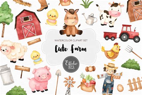 Cute Farm Clipart Farm Animals Watercolor Digital Clipart | Etsy Hong Kong