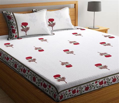 Buy Floral Pattern Screen Block Print Cotton Bedsheet Double Bed With ...