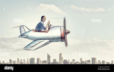 Young funny woman flying in air in drawn airplane Stock Photo - Alamy