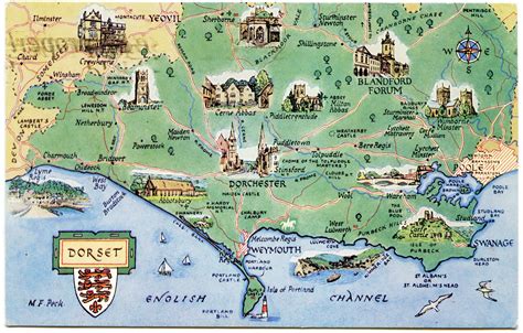 Postcard map of Dorset | Dorset map, England map, Dorset