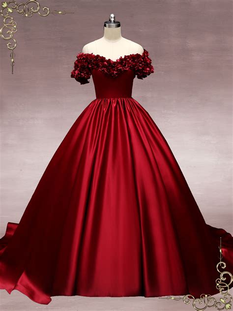 Dark Red Off the Shoulder Ball Gown Wedding Dress with Roses MURINA ...