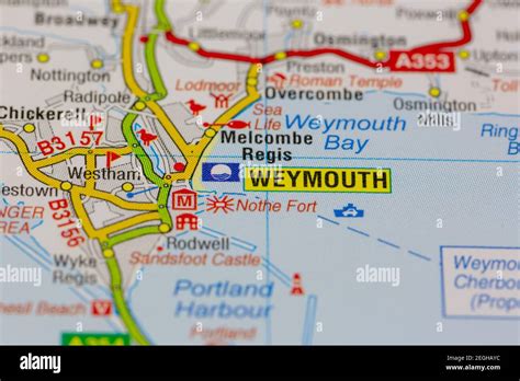 weymouth e le aree circostanti sono mostrate su una mappa stradale o ...