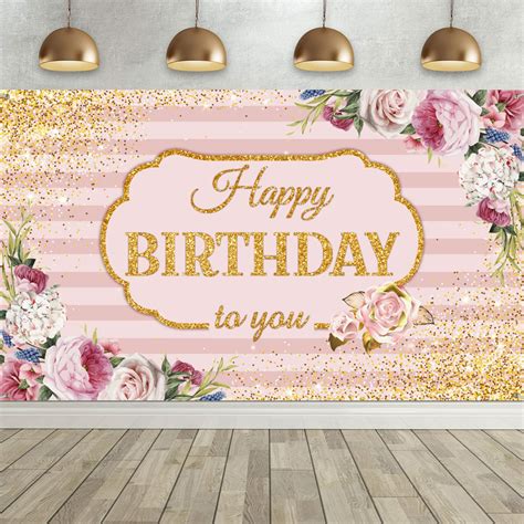 Buy Floral Happy Birthday Backdrop Extra Large Pink Stripes Rose ...