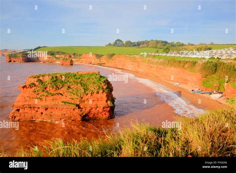 Ladram Bay beach Devon England UK with red sandstone rock stack located ...