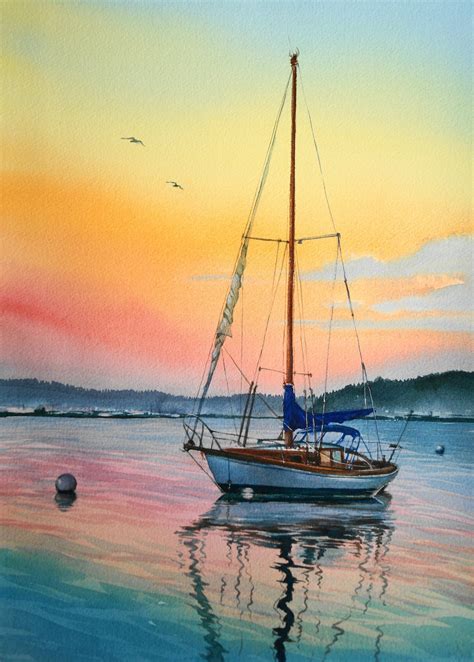 ORIGINAL Watercolor Painting,Yacht Watercolor,Watercolor Seascape ...