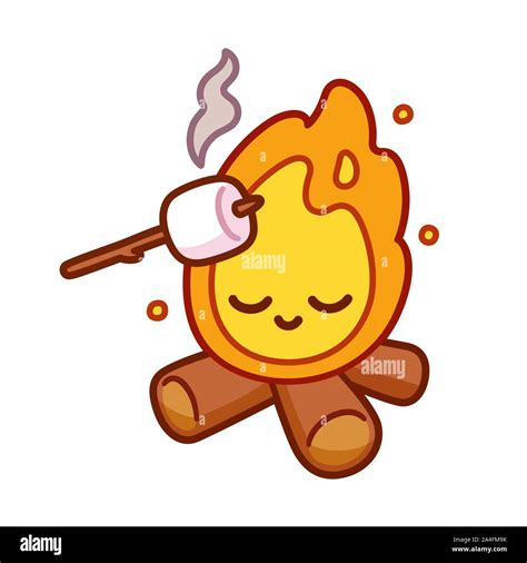 Cute cartoon drawing of bonfire with kawaii face and marshmallow ...